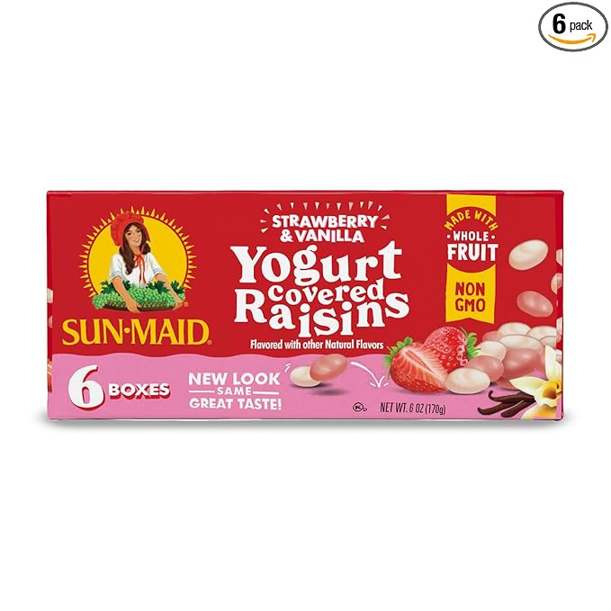 Sun-Maid Strawberry & Vanilla Yogurt Coated Raisins - (6 Pack) 1 oz Snack-Size Box - Yogurt Covered Dried Fruit for Lunches and Back to School Snacks
