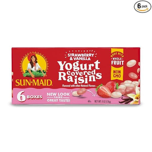 Sun-Maid Strawberry & Vanilla Yogurt Coated Raisins - (6 Pack) 1 oz Snack-Size Box - Yogurt Covered Dried Fruit for Lunches and Back to School Snacks
