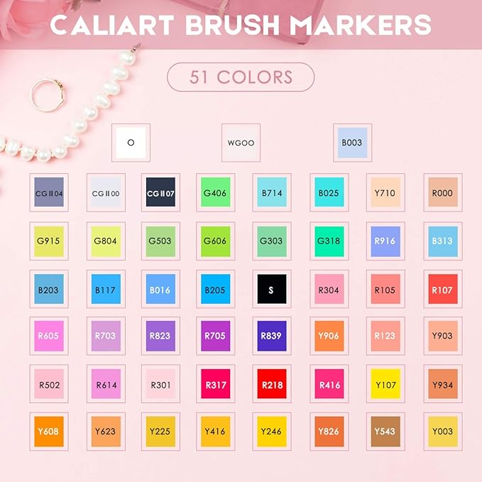 Caliart Alcohol Markers Brush Tip, 51 Colors Dual Tip Coloring Marker Pen Set Brush & Fine, Art Supplies Kit Gift for Adults Coloring Book Artists Sketch Drawing Illustration