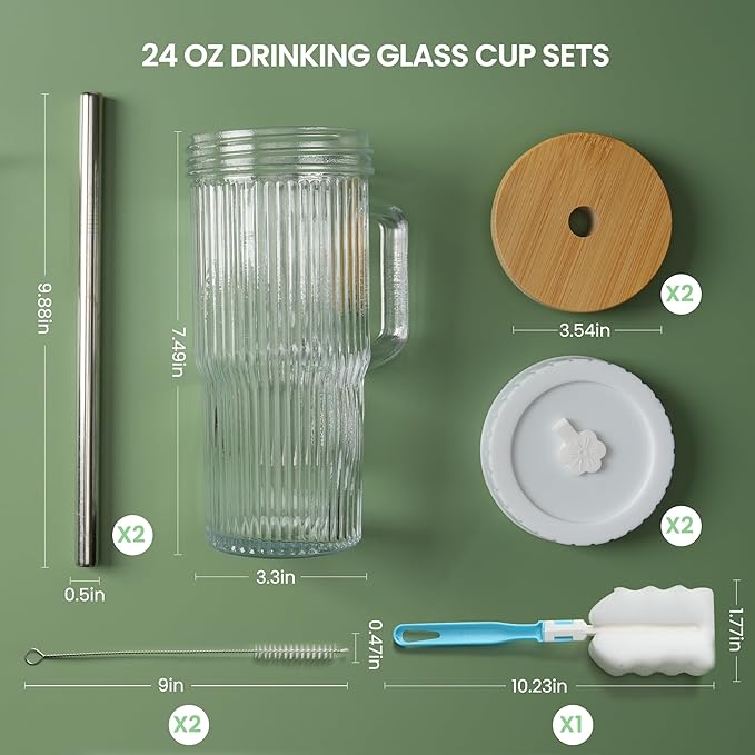 24oz Ribbed Glass Tumbler With Handle,4Pack Glass Cup with Lids and Straws,Reusable Glass Iced Coffee Cups With lids,Mason Jar Cup&Drinking Glasses for Smoothie,Shake,Juice,Soda Water,Tea,Travel Cup