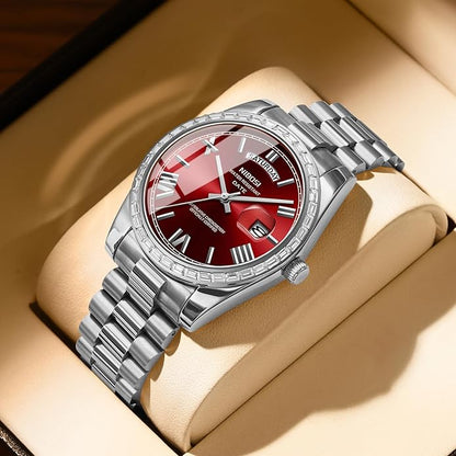 NIBOSI Men's Watches Analog Quartz Diamond Bezel Stainless Steel Dial Rose Gold Silver Watches for Men Waterproof Business Classic Dress Wrist Watch with Day Date