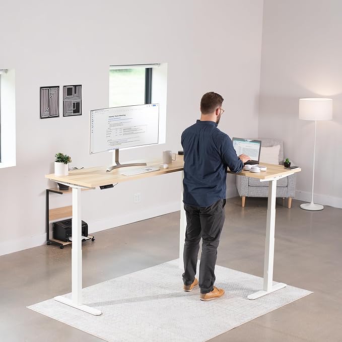 VIVO Electric 78 x 55 inch Square Corner Memory L Shaped Stand Up Desk, Light Wood Table Top, White Frame, Corner Height Adjustable Workstation, 3E-S Series, DESK-KIT-3E5SWC