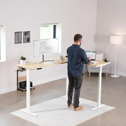 VIVO Electric 78 x 55 inch Square Corner Memory L Shaped Stand Up Desk, Light Wood Table Top, White Frame, Corner Height Adjustable Workstation, 3E-S Series, DESK-KIT-3E5SWC
