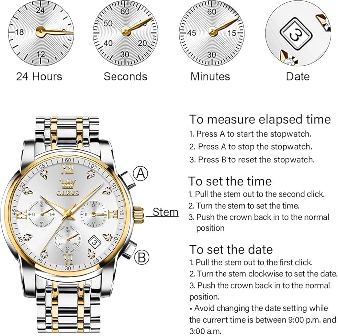 OLEVS Men's Stainless Steel Chronograph Watch, Big Face Gold Silver Black Tone Easy to Read Analog Quartz Watch, Luxury Waterproof Date Diamond Roman Arabic Numerals Dial Dress Watch for Men