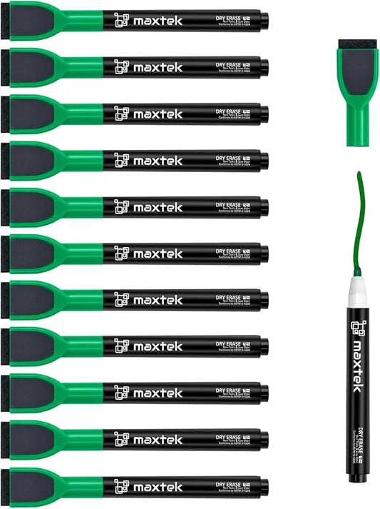 maxtek Magnetic Whiteboard Markers - 12 Count Green Fine Tip Dry Erase Markers with Eraser for Kids, Low Odor Thin Markers for Calendar Boards