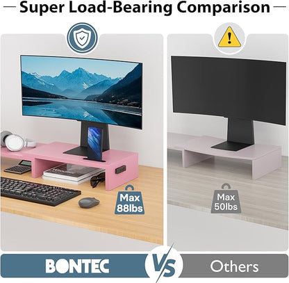 BONTEC Dual Monitor Stand for Desk, Adjustable Length and Angle Monitor Stand Riser with Smartphone Holder, Desk Shelf for Top of Desk, Computer Monitor Stand with Storage, Office Desk Organizer, Pink