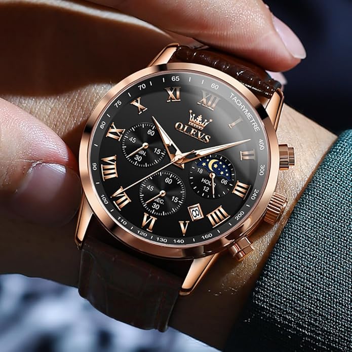 OLEVS Men's Leather Analog Quartz Watch - Luxury Chronograph Wristwatch With Date, Waterproof, Luminous - Dress Style