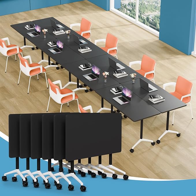 Conference Table Folding Conference Room Tables, Modern Mobile Meeting Training Table with Silent Wheels, Foldable Seminar Table for Offices, Classrooms, Libraries (6, Black, 55.1in)
