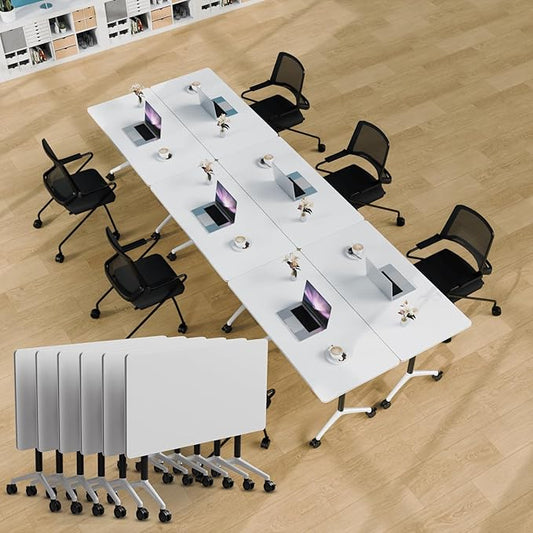 Conference Table Folding Conference Room Tables, Modern Mobile Meeting Training Table with Silent Wheels, Foldable Seminar Table for Offices, Classrooms, Libraries (6, white2, 55.1in)