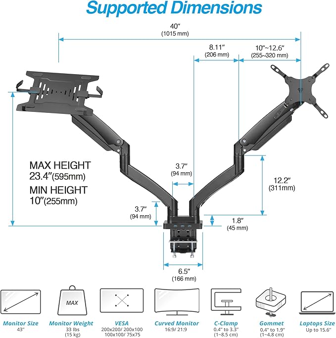 AVLT Dual 17”-43" Monitor Arm Desk Mount with 15" Laptop Tray and USB-C Docking Station, HDMI 4K60Hz, USB-A 5Gbps, Ethernet, 100W PD, Fits Two Flat/Curved Monitor - Black