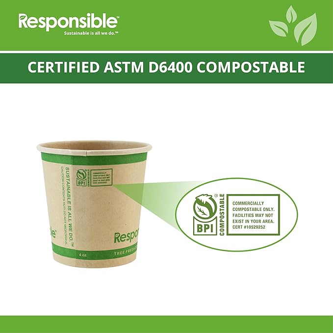 Responsible Products Certified Compostable 4 oz Paper Cups, Cold ＆ Hot Coffee Cups, Disposable Paper Cups, Extra Strength Disposable Cups, Made without PFAS (50 count)