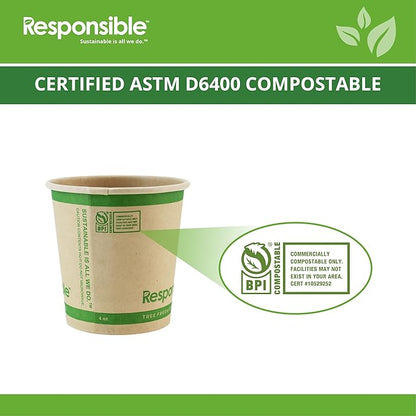Responsible Products Certified Compostable 4 oz Paper Cups, Cold ＆ Hot Coffee Cups, Disposable Paper Cups, Extra Strength Disposable Cups, Made without PFAS (50 count)