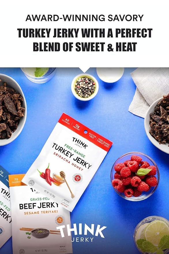 Think Jerky Sriracha Honey Turkey Jerky, High Protein Free-Range Turkey, Gluten Free, No Antibiotics or Nitrates, Healthy Chef Crafted Recipe, Low Calorie and Low Fat - 2.2 oz Bags, 4 Pack
