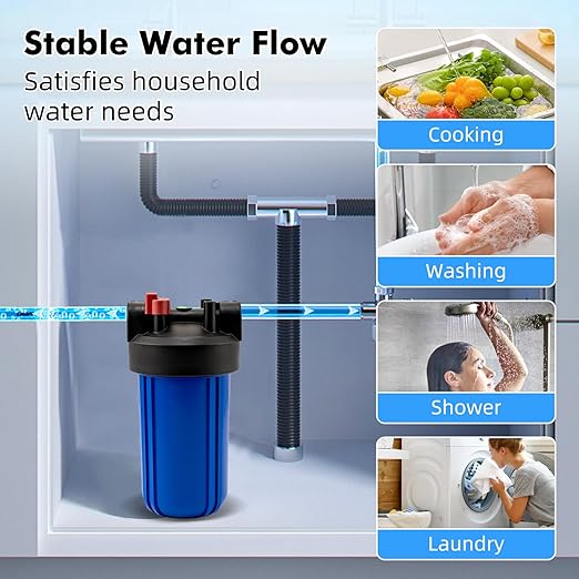 Whole House Water Filter Housing with PP Cotton Cartridge, Fits 10"x4.5" Sediment or Carbon Filters, Heavy-Duty Pre-Filtration System for Well or City Water, 1" NPT Port