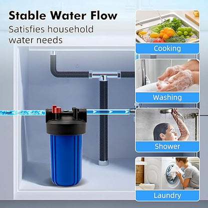 Whole House Water Filter Housing with PP Cotton Cartridge, Fits 10"x4.5" Sediment or Carbon Filters, Heavy-Duty Pre-Filtration System for Well or City Water, 1" NPT Port