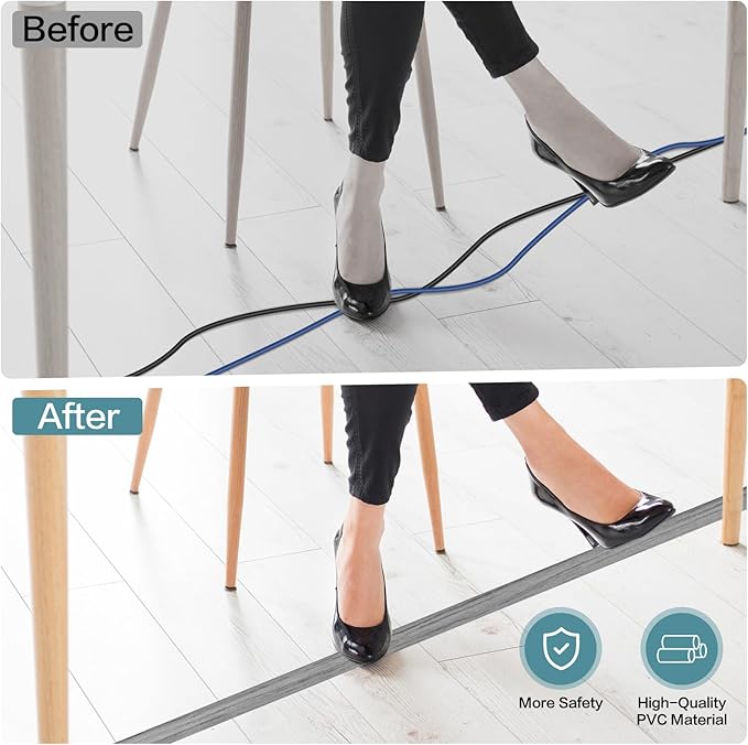 Floor Cord Cover Self Adhesive Cord Hider Floor Extension Cord Covers for Floor Power Cord Protector Cable Management Prevent Cable Trips Cable Cavity 0.47" W x 0.27" H (Light Grey Wood, 10Ft)