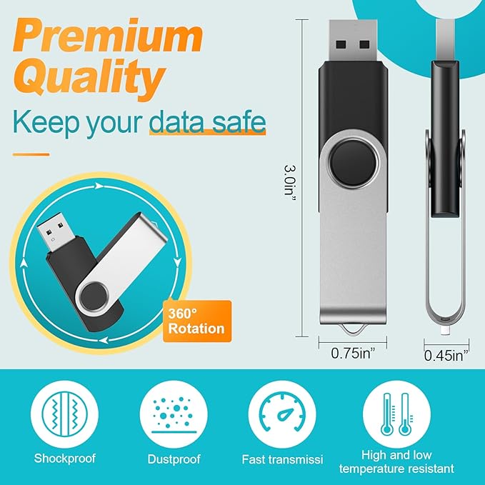 Kepmem 10 Pack 16GB USB Flash Drive Memory Stick 16 GB Thumb Drives Bulk USB2.0 Pendrive Silver USB Drive Swivel USB Sticks Fashion Jump Drive with 10pieces Lanyard