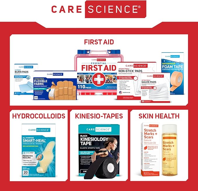Care Science First Aid Kit All Purpose, 300 Pieces | Professional Use for Travel, Work, School, Home, Car, Survival, Camping, Hiking, and More