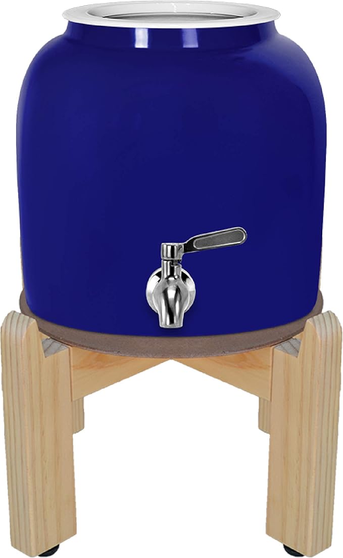 Geo Sports Porcelain Ceramic Crock Water Dispenser, 8 Inch Wood Stand, Stainless Steel Faucet, Valve Included. Fits 3 to 5 Gallon Jugs. (Blue)