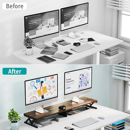 Dual Monitor Stand Riser, Large Wood Monitor Riser for 2 Monitors, Monitor Lift with Storage for Desk, Sturdy Wood&Steel Multi Screen Stand, Desktop Organizer Monitor Stand for Computer