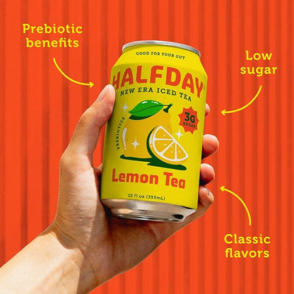 HALFDAY Prebiotic Iced Tea Lemon, Peach, Raspberry and Half & Half Variety Pack, Gut Health, Plant Fiber & Prebiotics, 3-5g of Sugar, 35 Calories, Natural Caffeine, Gluten Free, Keto 12 fl oz (12 pack)