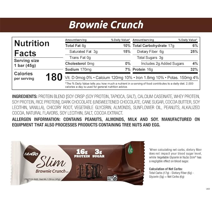NuGo Slim Dark Chocolate Brownie Crunch, 16g Protein Bar, Gluten Free, Non-GMO, Kosher, Keto Friendly, Low Carb, 12 Count