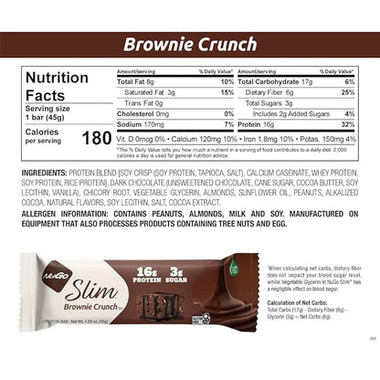 NuGo Slim Dark Chocolate Brownie Crunch, 16g Protein Bar, Gluten Free, Non-GMO, Kosher, Keto Friendly, Low Carb, 12 Count