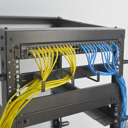 RIVECO 2PCS 1U Cable Management for Racks & Server Cabinets Managing Cord & Wire, Cable Raceway for 19” Rack Mount 4 D-Rings Standard Capacity Black, 2 Pieces