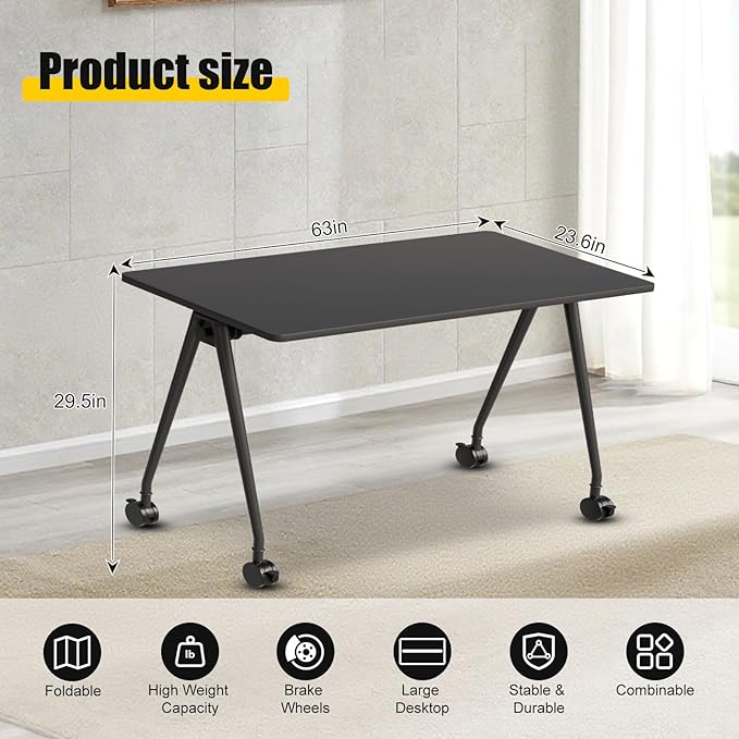 Folding Conference Table, Rectangular Conference Room Tables, Mobile Modular Training Table, Solid Steel Frame,Thickened Panel,for Offices,Meeting Room,Offices andSchools (8, A-Black, 63in)