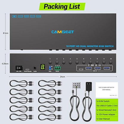 10 Port 8 Port 2 Monitors KVM Switch HDMI 4K@60Hz EDID Simulation, USB 3.0 Dual Monitor KVM Switch 2 Monitors 8 Computers 10 Computers,4 USB3.0 Ports, Audio,RS232,Wired Remote,12V Power,10 USB Cables
