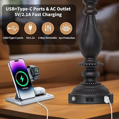 28" Tall Farmhouse Table Lamps for Living Room Set of 2,Vintage Rustic Black Bedside Touch Lamp with USB C+A Ports & AC Outlet, 3-Way Dimmable Resin Nightstand Lamp for Bedroom Entryway Office
