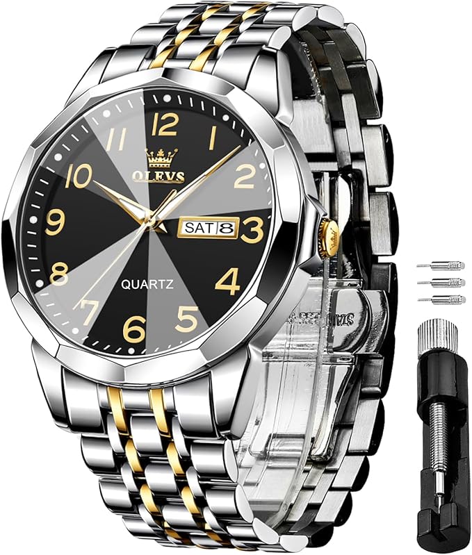OLEVS Watch for Men Luxury Dress Analog Quartz Stainless Steel Waterproof Luminous Date Diamond Business Two Tone Casual Wrist Watch