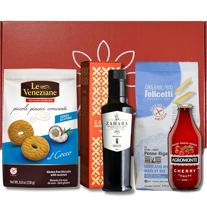 Brava Guilia Gluten Free Dinner Gift Box and Dessert Kit With Organic Pasta, Olive Oil, Tomato Sauce and Cookies all made in Italy