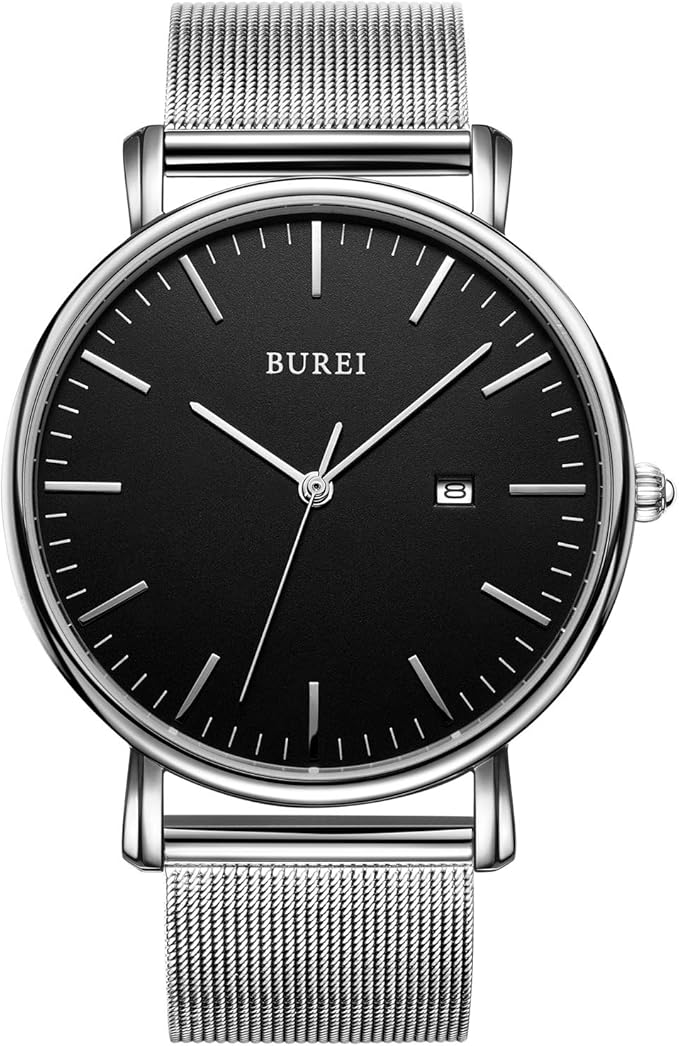 BUREI Men Watches Brown Leather Fashion Minimalist Wrist Watch Simple Ultra Thin Waterproof Quartz Watches All Black Stainless Steel Mesh Band,Gift for Men Women