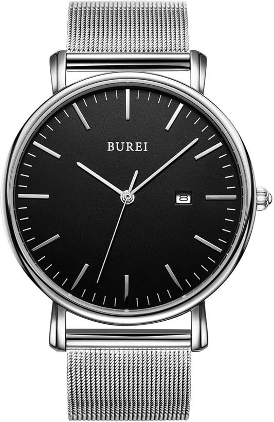 BUREI Men Watches Brown Leather Fashion Minimalist Wrist Watch Simple Ultra Thin Waterproof Quartz Watches All Black Stainless Steel Mesh Band,Gift for Men Women