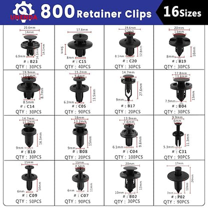 Car Push Retainer Clips 802PCS Auto Fasteners Assortment-16 Most Popular Sizes Nylon Bumper Fender Rivets with Blue Fastener Remover Panel Clip Pliers for Ford GM Toyota Honda Chrysler Benz Nissan