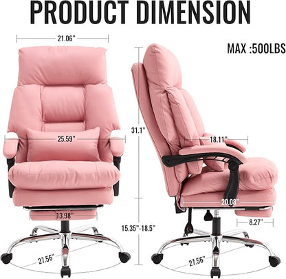 Pink Office Chair with Footrest 500lbs,Reclining Leather Computer Chair for Heavy People, Big and Tall Comfy Executive Desk Chair with Lumbar Support & Pillow,High Back