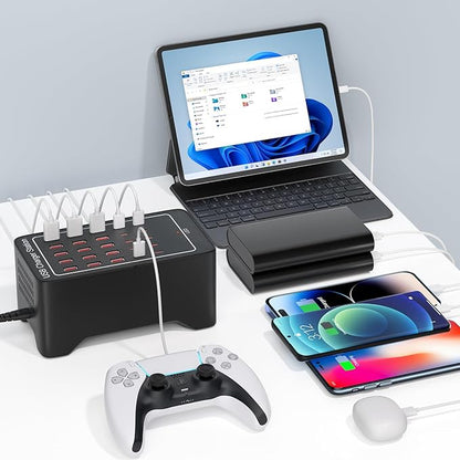 USB~C Charger Block, 125W(25A) 25 Port (15 USB A & 10 USB~C Port) Multiple Charging Station, Desktop Wall Charger Compatible with iPhone, iPad, Tablets, Smartphones