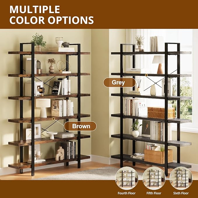 FURSUN Heavy Duty 5 Tier Bookcase, 70-in Tall Industrial Modern Large Bookshelf, Wood Farmhouse Bookcases Book Shelves and Metal Frame for Office, Bedroom, Living Room, Brown