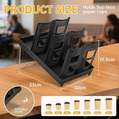 Coffee Cup Holder, Paper Cup and Lid Holder, Universal Disposable Coffee Cup Dispenser for Coffee Stations & Restaurant, Bar, Breakroom (Dual Row - 6 Slots)