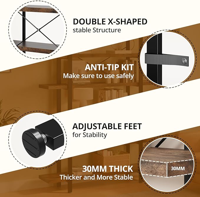 FURSUN Heavy Duty 4 Tier Bookcase, 55-in Tall Industrial Modern Large Bookshelf, Wood Farmhouse Bookcases Book Shelves and Metal Frame for Office, Bedroom, Living Room, Brown
