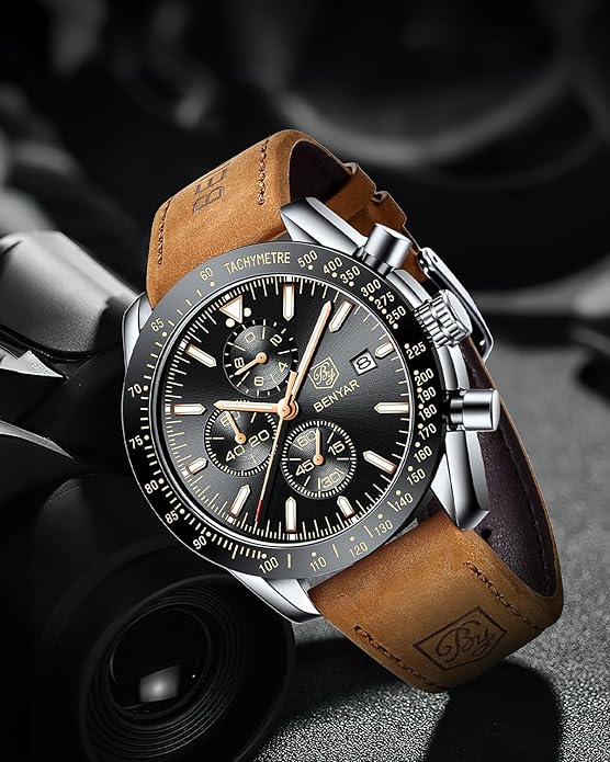 BY BENYAR Watch for Men Analog Quartz Chronograph Waterproof Luminous Designer Mens Wrist Watches Business Work Sport Casual Dress Watch with Silicone Strap Elegant Gifts for Men