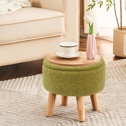 Poofzy Small Ottoman with Storage, Small Foot Stool Ottoman with Wood Legs, Sherpa Foot Rest for Couch, Living Room and Bedroom - Olive Green