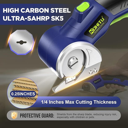 Cordless Electric Scissors: 4V Rechargeable Rotary Cardboard Cutter, 3000mAh Battery, with LED Light, 2 Blades, Box Cutter for Fabric Carpet Carton Plastic Leather Cloth (Blue)