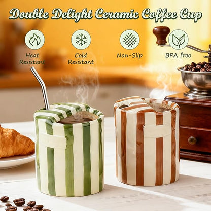Novelty Ceramic Coffee Mug Designed to Look Like a Gift Box, 10oz Retro Hand-Painted Ceramic Travel Mug, Green & White Striped Design, Microwave & Dishwasher Safe, Perfect Present for Coffee Lovers