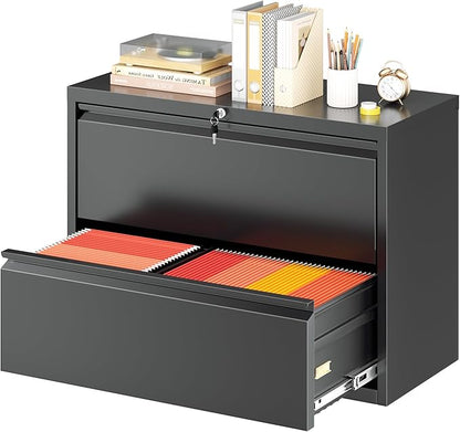 Greenvelly Lateral File Cabinet 2 Drawer, Lockable Metal Filing Cabinet for Home Office, Black Metal File Cabinet with Lock for Legal/Letter/A4/F4 Size with Hanging Bars&Key