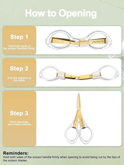 3.8” Folding Travel Scissors Set (2 Pcs), Safety Small Mini Foldable Scissors All Purpos, Clear Acrylic Comfort-Grip Handles, Gold Titanium Coated Blades for Craft, Sewing, Office Desk, Nurse