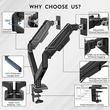 BONTEC Dual Monitor Stand for 15-34 Inch Screens, Gas Spring Adjustable Monitor Arm, Full Motion VESA 75x75/100x100mm Desk Mount with Tilt, Swivel, Rotation, Ergonomic Design for Home Office or Gaming