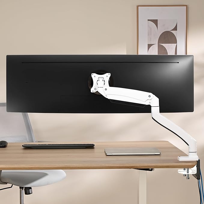 AVLT Single 17"-49" Super Ultrawide Monitor Arm for Screens Up to 50 lbs, Premium Aluminum Desk Stand, Adjustable Pneumatic Height, Full Motion Swivel Tilt Rotation, USB 3.0 & AUX Ports, White