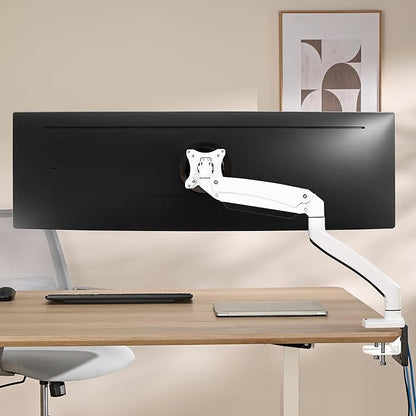 AVLT Single 17"-49" Super Ultrawide Monitor Arm for Screens Up to 50 lbs, Premium Aluminum Desk Stand, Adjustable Pneumatic Height, Full Motion Swivel Tilt Rotation, USB 3.0 & AUX Ports, White
